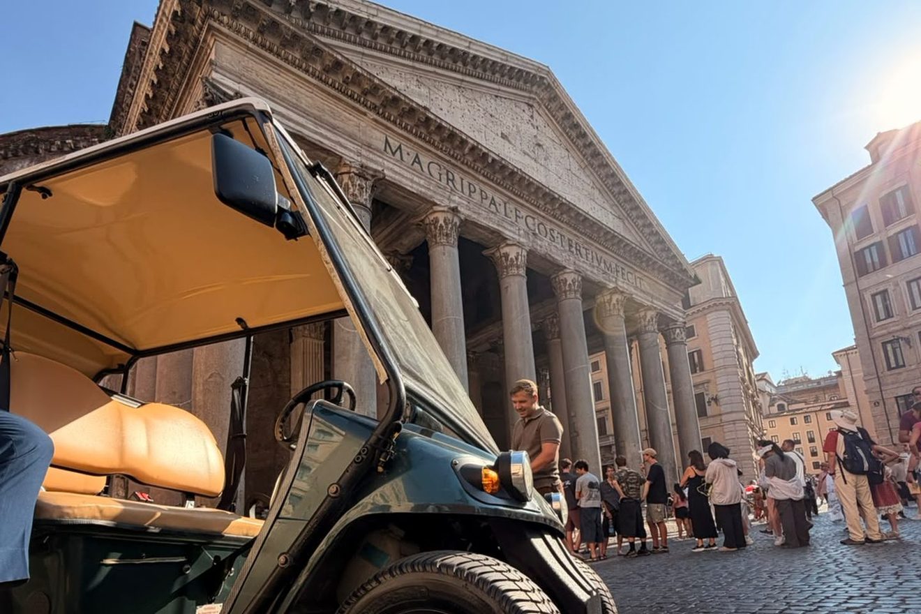 Our golf cart parked in front of the Pantheon in Rome