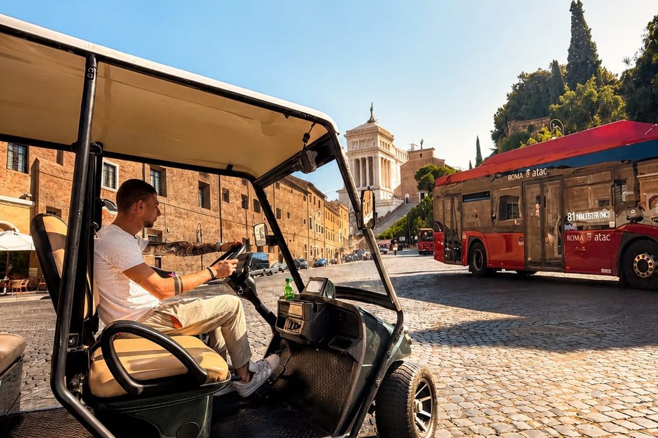 Golf cart tour crossing Rome near Piazza Venezia