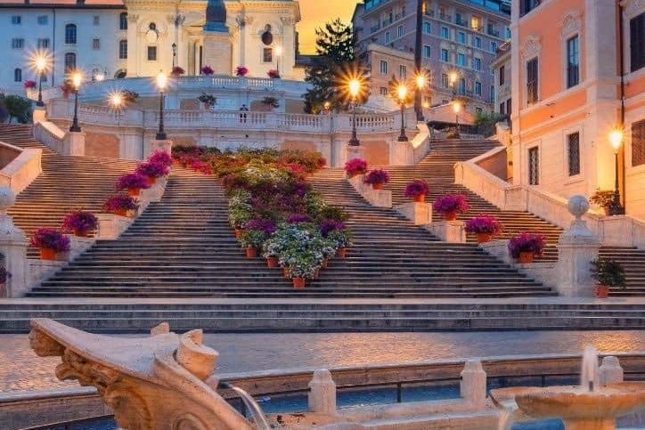The Spanish Steps in bloom at sunset